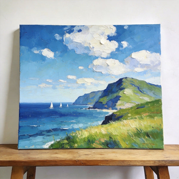 Hand Painted Canvas Art, Sailboats Beneath the Coastal Clouds, Original Small Paintings, Original Oil Paintings, Buy Small Artwork Online, Small Canvas Wall Art Paintings