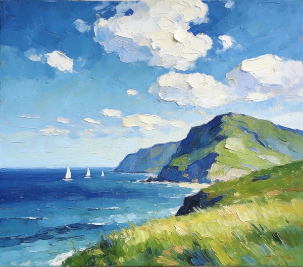 Hand Painted Canvas Art, Sailboats Beneath the Coastal Clouds, Original Small Paintings, Original Oil Paintings, Buy Small Artwork Online, Small Canvas Wall Art Paintings-HomePaintingDecor