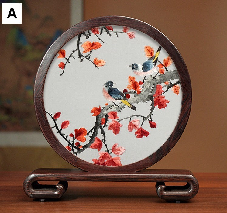 Flower and Birds Silk Embroidery Ornaments, Exclusive Business Presents, Creative Birthday Gift, Premium Souvenir, Traditional Chinese Suzhou Silk Embroidery-HomePaintingDecor
