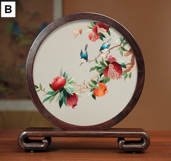 Flower and Birds Silk Embroidery Ornaments, Exclusive Business Presents, Creative Birthday Gift, Premium Souvenir, Traditional Chinese Suzhou Silk Embroidery-HomePaintingDecor