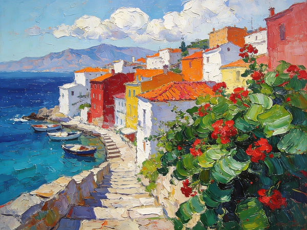 The Quiet Seaside Town, Summer Resort, On Canvas Small Paintings, Hand Painted Canvas Art, Small Landscape Paintings, Original Oil Paintings, Small Wall Art Paintings-HomePaintingDecor