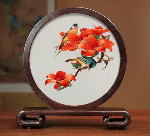 Beautiful Flower and Birds Silk Embroidery Ornaments, Traditional Chinese Suzhou Silk Embroidery, Exclusive Business Presents, Creative Birthday Gift, Premium Souvenir-HomePaintingDecor