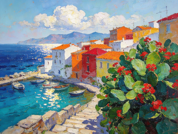 Small Canvas Art, Vibrant Coastal Village, Colorful Houses by the Sea, Original Wall Paintings, On Canvas Small Paintings, Original Artwork Small Paintings, Small Landscape Paintings-HomePaintingDecor