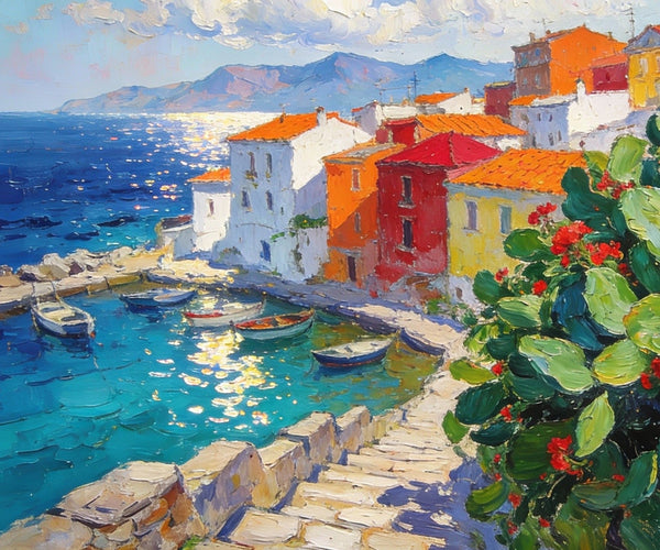 Small Canvas Art, Vibrant Coastal Village, Colorful Houses by the Sea, Original Wall Paintings, On Canvas Small Paintings, Original Artwork Small Paintings, Small Landscape Paintings-HomePaintingDecor