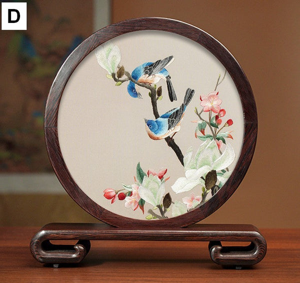 Flower and Birds Silk Embroidery Ornaments, Exclusive Business Presents, Creative Birthday Gift, Premium Souvenir, Traditional Chinese Suzhou Silk Embroidery-HomePaintingDecor