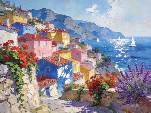 Scenery of a Mediterranean Seaside Resort, Palette Knife Artwork, Small Landscape Paintings, Small Oil Paintings on Canvas, Hand Painted Canvas Art, Original Oil Paintings-HomePaintingDecor