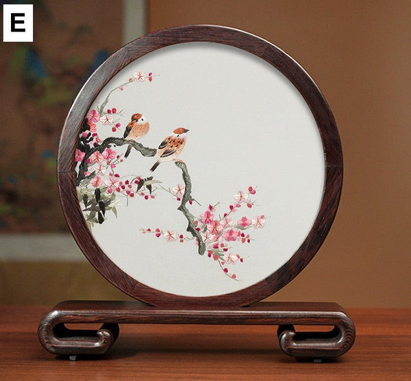 Flower and Birds Silk Embroidery Ornaments, Exclusive Business Presents, Creative Birthday Gift, Premium Souvenir, Traditional Chinese Suzhou Silk Embroidery-HomePaintingDecor
