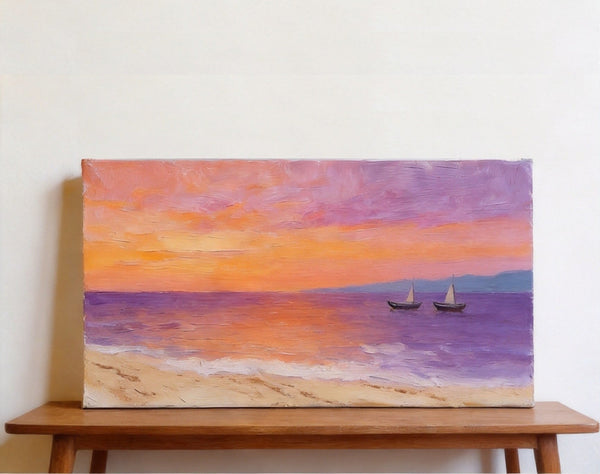 Original Seascape Paintings, Amber Dusk Over the Quiet Shore, Sunset Paintings, Small Canvas Wall Art Paintings, Hand Painted Canvas Art-HomePaintingDecor