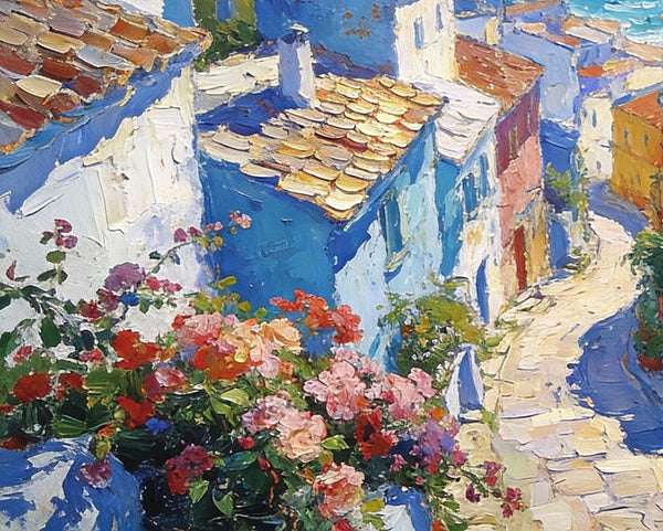 Small Oil Paintings on Canvas, A Mediterranean Seaside Resort Town, Hand Painted Canvas Art, Impasto Artwork, Original Oil Paintings, Small Landscape Paintings on Wall-HomePaintingDecor