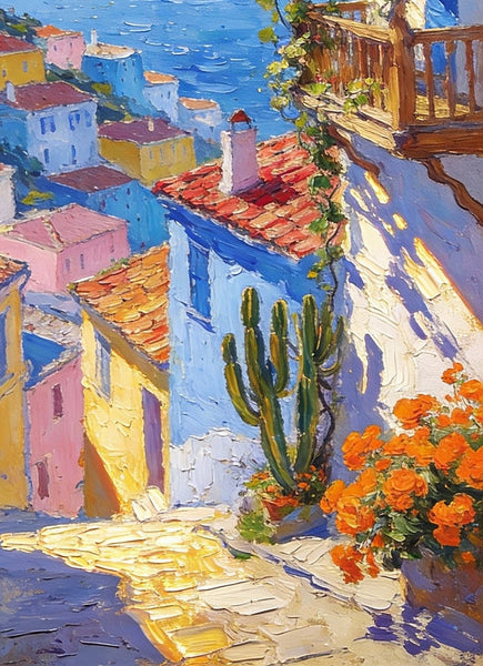 A Seaside Town on the Mediterranean, Seashore Beach, Small Landscape Paintings, Impasto Paintings, Small Paintings on Canvas, Palette Knife Oil Paintings, Original Small Paintings on Canvas-HomePaintingDecor