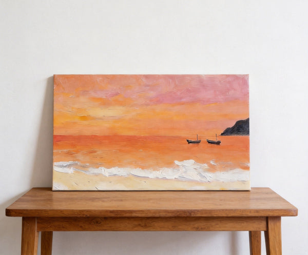 Hand Painted Canvas Artwork, Small Canvas Wall Art Paintings, Sunset Paintings, Boats Adrift in Sunset Glow, Original Seascape Paintings-HomePaintingDecor