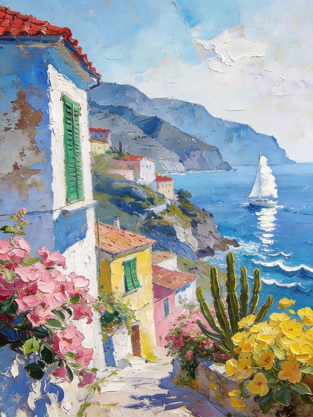 Summer in a Seaside Town, Original Artwork Small Paintings, On Canvas Small Paintings, Palette Knife Artwork, Landscape Canvas Paintings, Hand Painted Canvas Art-HomePaintingDecor