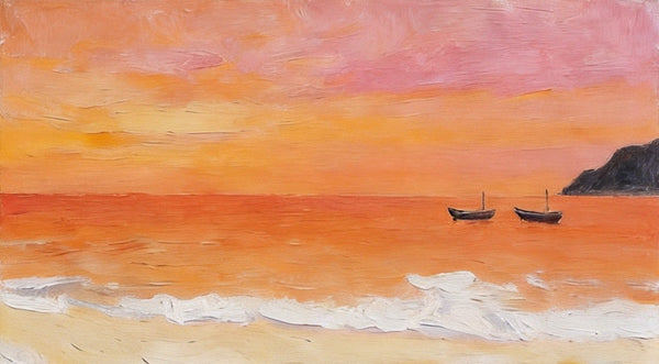 Hand Painted Canvas Artwork, Small Canvas Wall Art Paintings, Sunset Paintings, Boats Adrift in Sunset Glow, Original Seascape Paintings