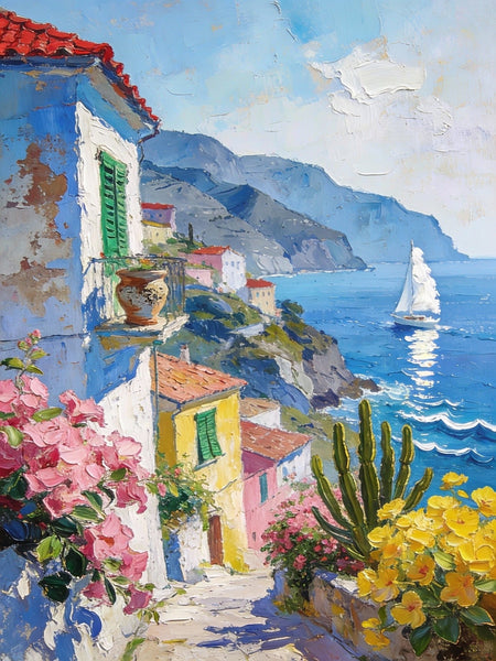 Summer in a Seaside Town, Original Artwork Small Paintings, On Canvas Small Paintings, Palette Knife Artwork, Landscape Canvas Paintings, Hand Painted Canvas Art-HomePaintingDecor