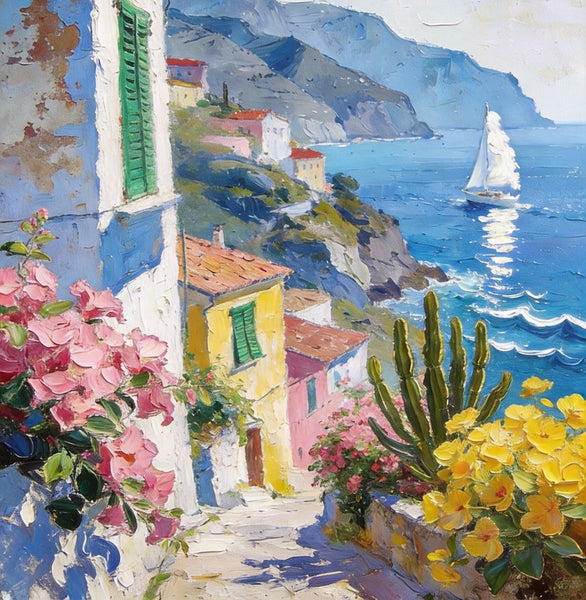 Summer in a Seaside Town, Original Artwork Small Paintings, On Canvas Small Paintings, Palette Knife Artwork, Landscape Canvas Paintings, Hand Painted Canvas Art-HomePaintingDecor