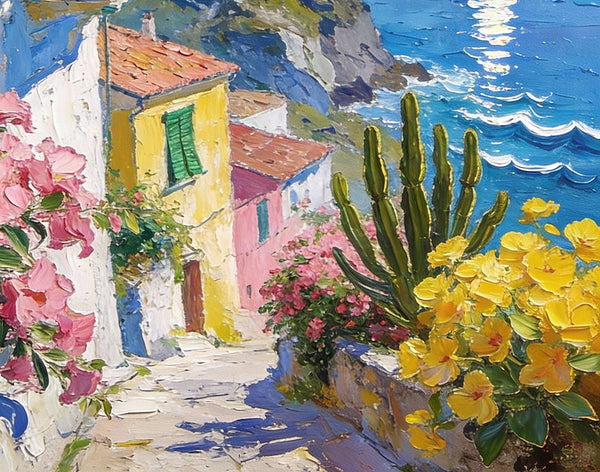 Summer in a Seaside Town, Original Artwork Small Paintings, On Canvas Small Paintings, Palette Knife Artwork, Landscape Canvas Paintings, Hand Painted Canvas Art-HomePaintingDecor