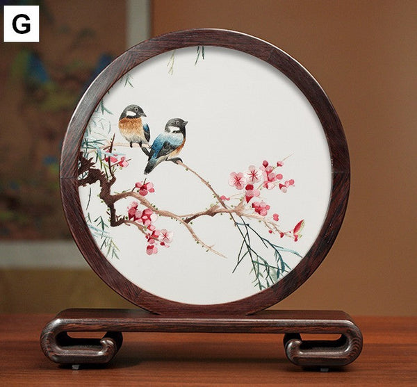 Flower and Birds Silk Embroidery Ornaments, Exclusive Business Presents, Creative Birthday Gift, Premium Souvenir, Traditional Chinese Suzhou Silk Embroidery-HomePaintingDecor