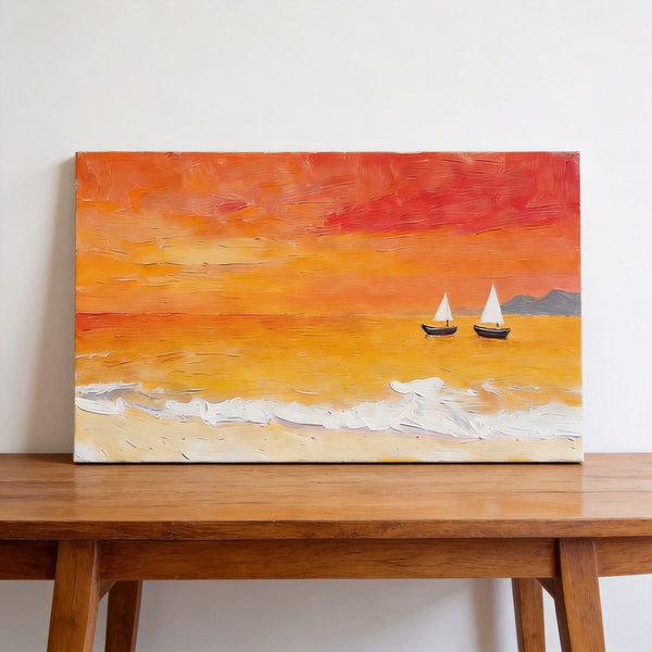 Small Canvas Wall Art Paintings, Original Seascape Paintings, Sailing into the Tangerine Dusk, Seashore Sunset Paintings, Hand Painted Canvas Art-HomePaintingDecor