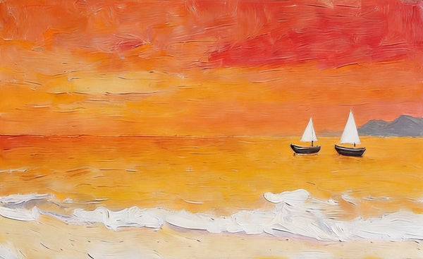 Small Canvas Wall Art Paintings, Original Seascape Paintings, Sailing into the Tangerine Dusk, Seashore Sunset Paintings, Hand Painted Canvas Art