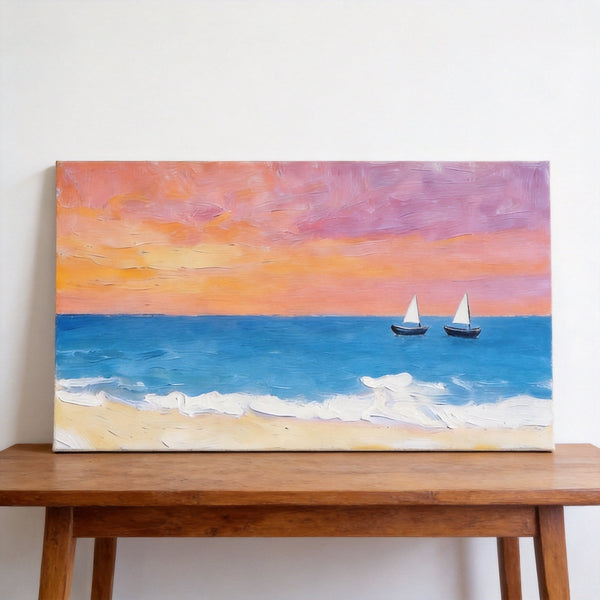 Sunset Paintings, Tranquil Blue Sea at Sunset, Original Seascape Paintings, Small Canvas Wall Art Paintings, Hand Painted Canvas Artwork-HomePaintingDecor
