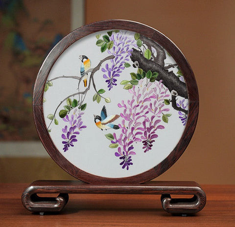 Flower and Birds Silk Embroidery Ornaments, Exclusive Business Presents, Creative Birthday Gift, Premium Souvenir, Traditional Chinese Suzhou Silk Embroidery-HomePaintingDecor