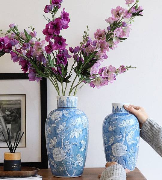 Large Flower Vases on Dining Table, Blue Porcelain Flower Vases, Centerpiece Ceramic Bouquet Vases, Handmade Modern Flower Vase-HomePaintingDecor