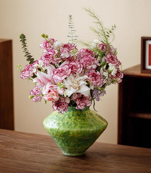 Modern Pottery Flower Vases, Handmade Water Holding Flower Vases, Pottery Bud Vases, Large Green Flower Vases on Table, Centerpiece on Dining Table-HomePaintingDecor