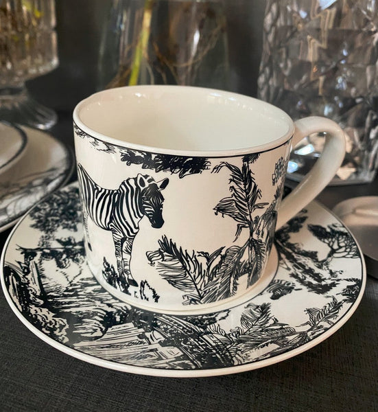 Royal Ceramic Cups, Elegant Ceramic Coffee Cups, 6.8 oz Tea Cup and Saucer in Gift Box, Zebra Jungle Porcelain Tea Cup Saucer Set-HomePaintingDecor