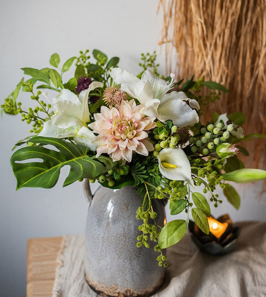 Calla Lily, Monstera Leaf, Globe Amaranth, Dahlia Flower, Botany Plants, Spring Flower Arrangement for Bedroom, Beautiful Modern Flower Arrangement Ideas for Home Decoration-HomePaintingDecor