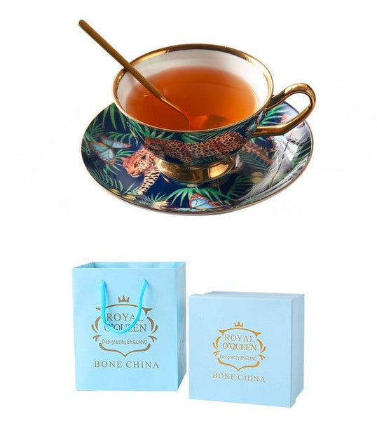 Creative Leopard Ceramic Coffee Cups, 6.8 oz Tea Cup and Saucer in Gift Box as Birthday Gift, Beautiful British Tea Cups, Creative Porcelain Tea Cup Set-HomePaintingDecor