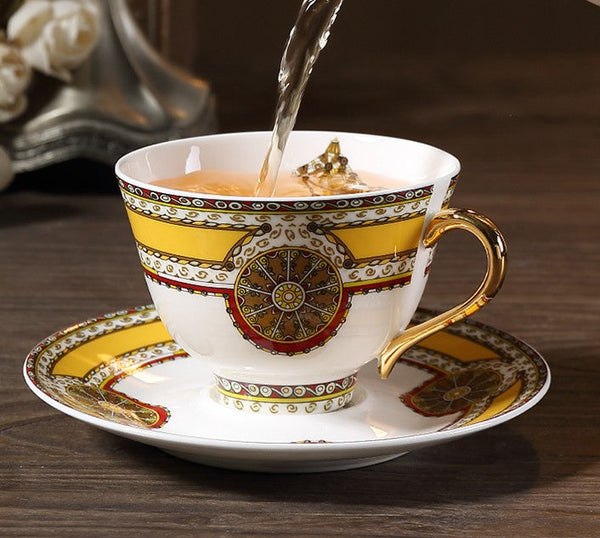 Handmade Beautiful British Tea Cups, Creative Bone China Porcelain Tea Cup Set, Yellow Royal Ceramic Coffee Cups, Unique Tea Cups and Saucers-HomePaintingDecor