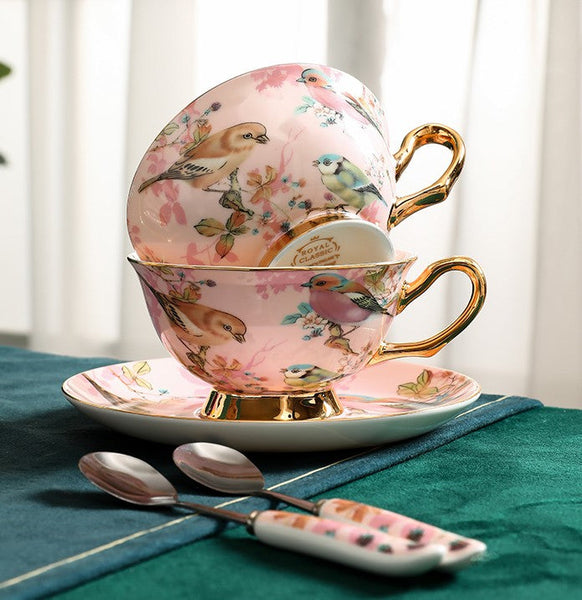 Unique Tea Cup and Saucer in Gift Box, Lovely Birds Ceramic Cups, Elegant Ceramic Coffee Cups, Afternoon Bone China Porcelain Tea Cup Set-HomePaintingDecor