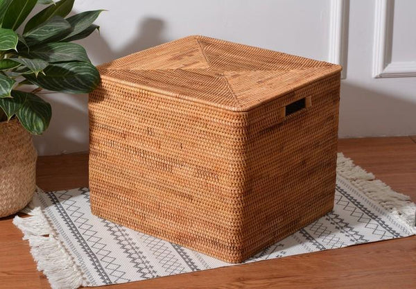 Square Storage Basket with Lid, Extra Large Storage Baskets for Clothes, Rattan Storage Basket for Shelves, Oversized Storage Baskets for Kitchen-HomePaintingDecor