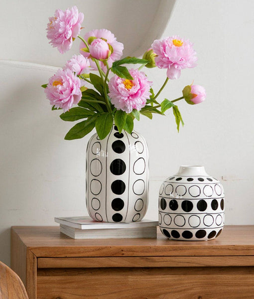 Ceramic Bud Vases, Black and White Polka Dot Flower Vase, Small Flower Vases on Table, Modern Porcelain Flower Vases, Handmade Water Holding Flower Vases-HomePaintingDecor