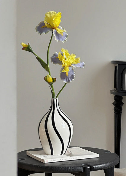 Water Holding Flower Vases, Black and White Striped Ceramic Vase, Porcelain Flower Vases, Modern Flower Vases on Table-HomePaintingDecor