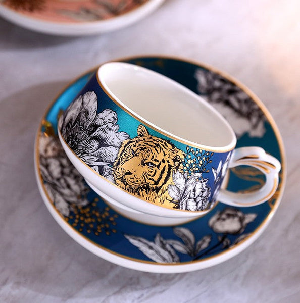 Unique Ceramic Cups with Gold Trim and Gift Box, Creative Ceramic Tea Cup and Saucer, Jungle Tiger Cheetah Porcelain Coffee Cups-HomePaintingDecor
