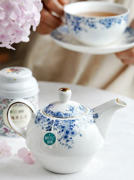 Mother and Baby Teapot with Matching Saucer British Style Porcelain Teapot with Matching Cup and Saucer in Gift Box, Ceramic Tea Pot with Integrated Cup, Stackable Teapot and Cup Set-HomePaintingDecor