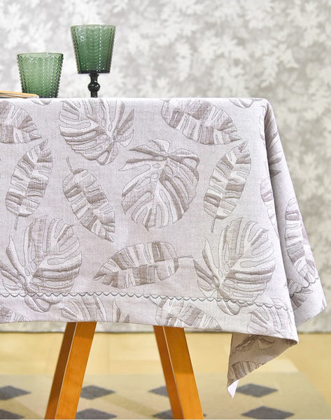 Monstera Leaf Modern Table Cloths for Kitchen, Simple Contemporary Grey Cotton Tablecloth, Large Rectangle Table Covers for Dining Room Table, Square Tablecloth for Round Table-HomePaintingDecor