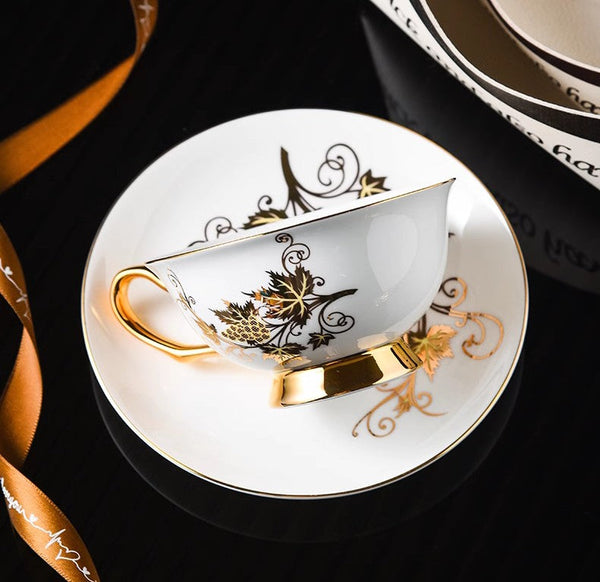 Elegant British Ceramic Coffee Cups, Golden Leaves and Grapes Bone China Porcelain Tea Cup Set, Unique British Tea Cup and Saucer in Gift Box-HomePaintingDecor