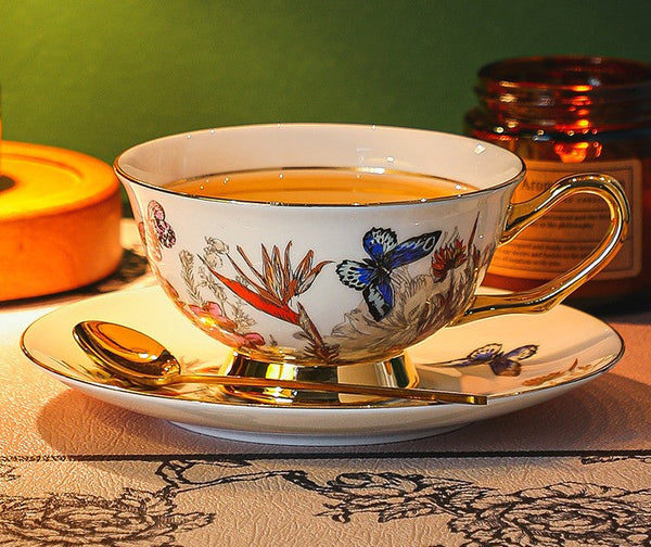 Ceramic Coffee Cups in Gift Box, Butterfly Pattern Porcelain Tea Cup and Saucer Set, British Afternoon Tea Cup and Saucer Set-HomePaintingDecor