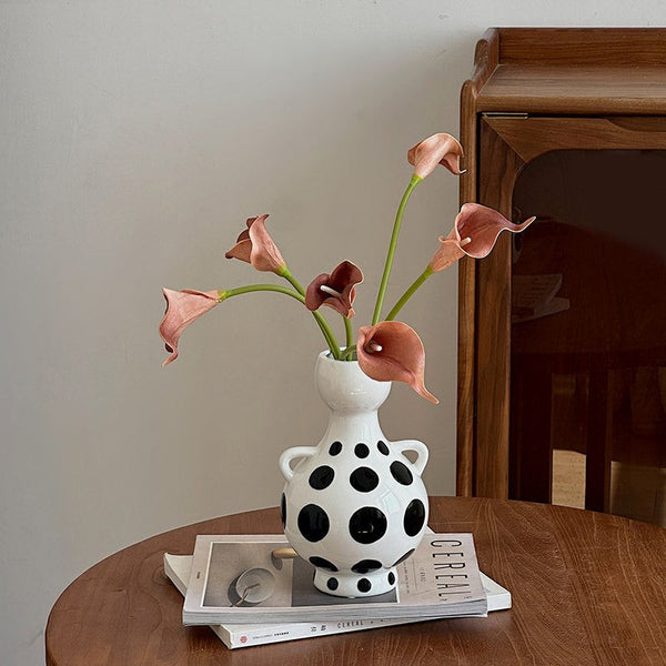 Ceramic Bud Vases, Small Flower Vases on Table, Black and White Polka Dot Flower Vase, Modern Porcelain Flower Vases, Handmade Water Holding Flower Vases-HomePaintingDecor