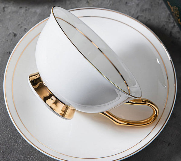 White Ceramic Cups, Elegant British Ceramic Coffee Cups, 7.8 oz Porcelain Tea Cup Saucer Set, Unique Tea Cup and Saucer in Gift Box-HomePaintingDecor