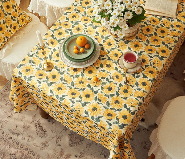 Modern Rectangle Tablecloth for Dining Room Table, Yellow Sunflower Pattern Farmhouse Table Cloth, Square Tablecloth for Round Table-HomePaintingDecor