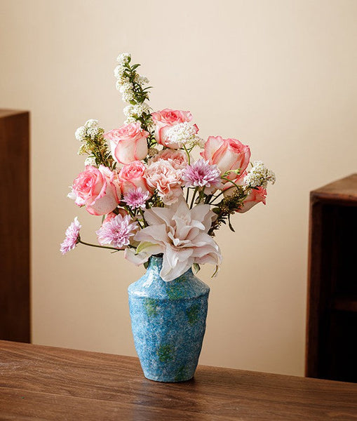 Pottery Flower Vases, Modern Bouquet Flower Vases, Centerpiece on Dining Table, Blue Flower Vase on Table, Handmade Water Holding Flower Vases-HomePaintingDecor