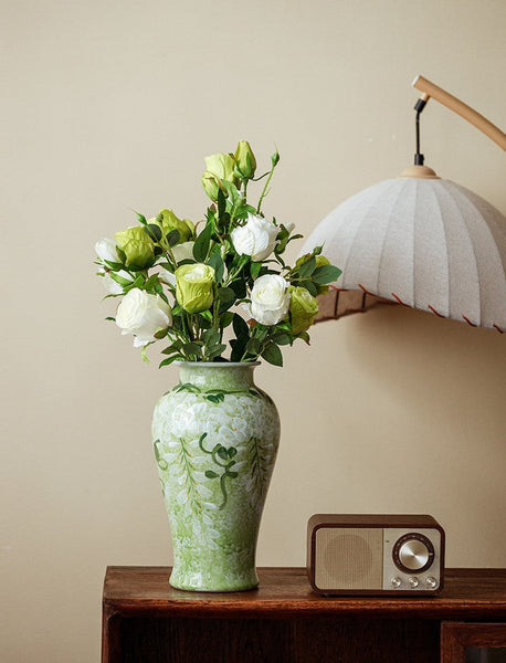 Large Flower Vases on Table, Green Porcelain Flower Vases, Centerpiece Ceramic Bud Vases, Handmade Water Holding Flower Vase-HomePaintingDecor