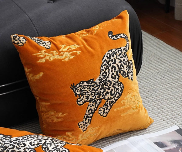 Contemporary Modern Sofa Pillows, Yellow Embroidery Tiger Pattern Pillows for Couch, Decorative Throw Pillows for Bedroom, Large Modern Sofa Pillow for Living Room-HomePaintingDecor