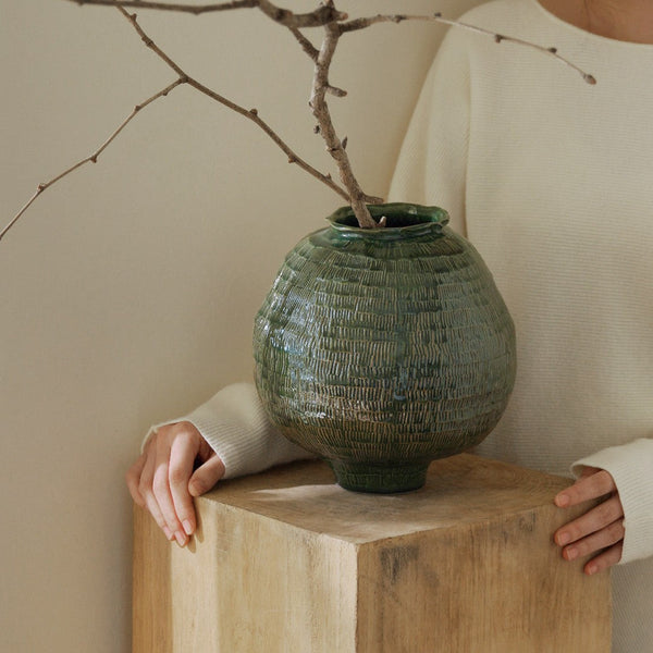 Centerpiece Ceramic Bouquet Vases, Green Porcelain Vases for Modern Home Decor, Large Contemporary Vases on Dining Table, Handmade Modern Flower Vase-HomePaintingDecor