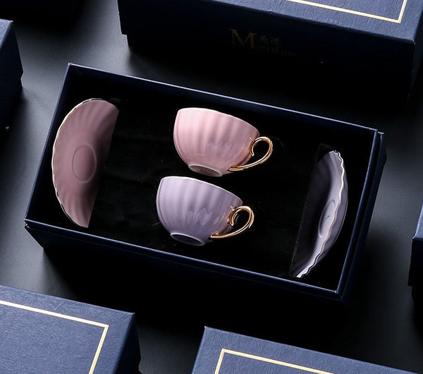 Elegant Macaroon Ceramic Coffee Cups, 6.8 oz Tea Cup and Saucer Set of 2 Cups in Gift Box as Birthday Gift, Beautiful British Tea Cups, Creative Porcelain Tea Cup Set-HomePaintingDecor