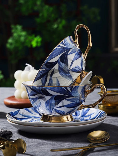Unique British Tea Cup and Saucer in Gift Box, Blue Porcelain Tea Cup Saucer Set, 7.4 oz British Ceramic Coffee Cups-HomePaintingDecor