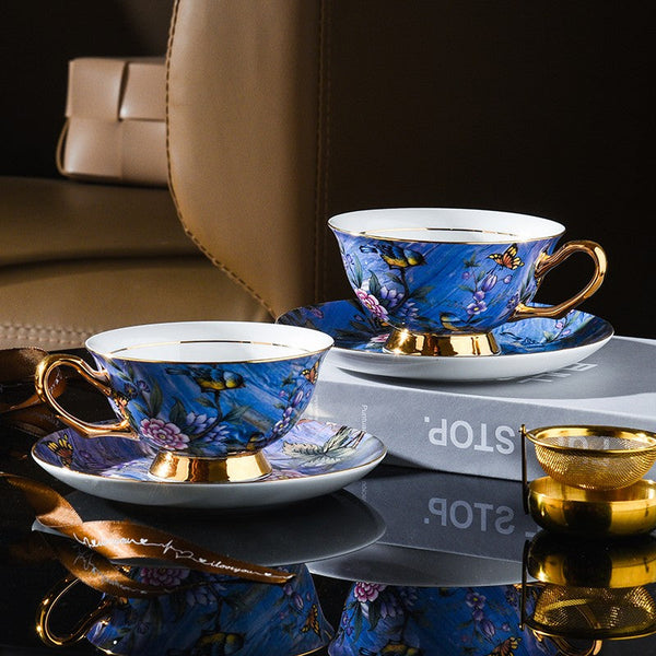 Unique British Tea Cup and Saucer in Gift Box, Blue Bird and Butterfly Porcelain Tea Cup Saucer Set, 7.4 oz British Ceramic Coffee Cups-HomePaintingDecor